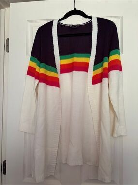Runway Open-Front Striped Cardigan Sweater - White with Rainbow Stripes
